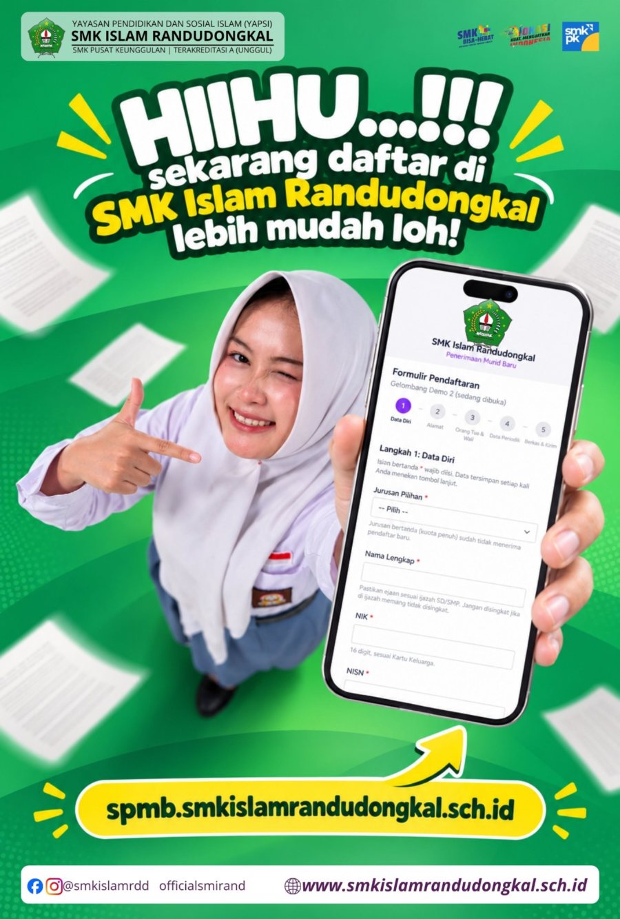 Sekarang daftar di SMK Islam Randudongkal lebih mudah: spmb.smkislamrandudongkal.sch.id